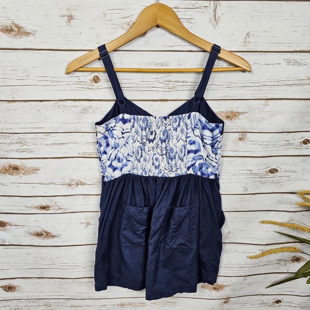 Anthropologie XS Mermaid Beach Shade Umbrella Romper Smocked Linen Blend Pockets - Picture 6 of 12